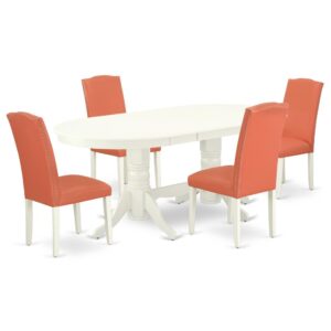 The VAEN5-LWH-78 dinette set is specifically created in a fashionable style with clean aspects which will direct and guide the room it occupies. Dazzling hardwood dinette table top with well-built carved pedestal support. Beveled oval shape to make welcoming kitchen space ambiance and finished in rich Linen White