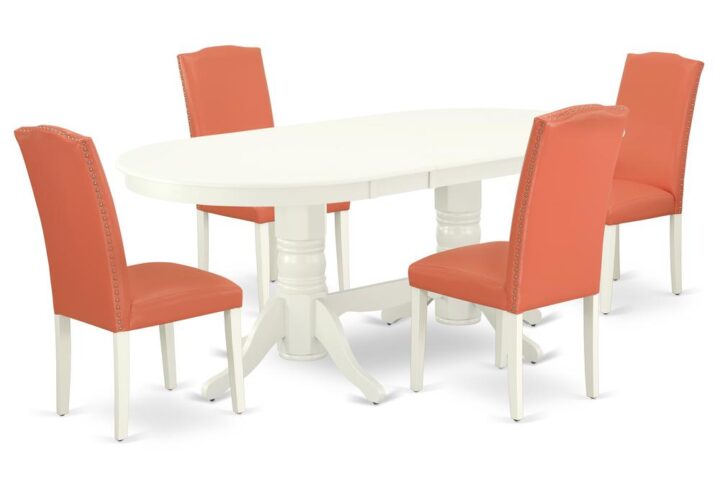 The VAEN5-LWH-78 dinette set is specifically created in a fashionable style with clean aspects which will direct and guide the room it occupies. Dazzling hardwood dinette table top with well-built carved pedestal support. Beveled oval shape to make welcoming kitchen space ambiance and finished in rich Linen White