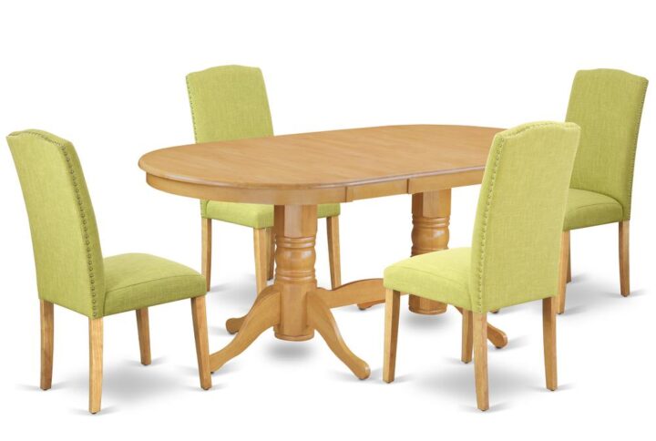 The VAEN5-OAK-07 dinette set is specifically created in a fashionable style with clean aspects which will direct and guide the room it occupies. Dazzling hardwood dinette table top with well-built carved pedestal support. Beveled oval shape to make welcoming kitchen space ambiance and finished in gorgeous Oak