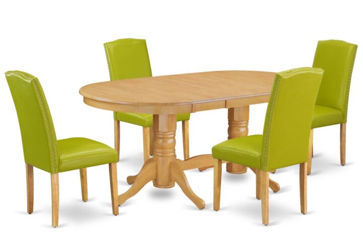 The VAEN5-OAK-51 dinette set is specifically created in a fashionable style with clean aspects which will direct and guide the room it occupies. Dazzling hardwood dinette table top with well-built carved pedestal support. Beveled oval shape to make welcoming kitchen space ambiance and finished in gorgeous Oak