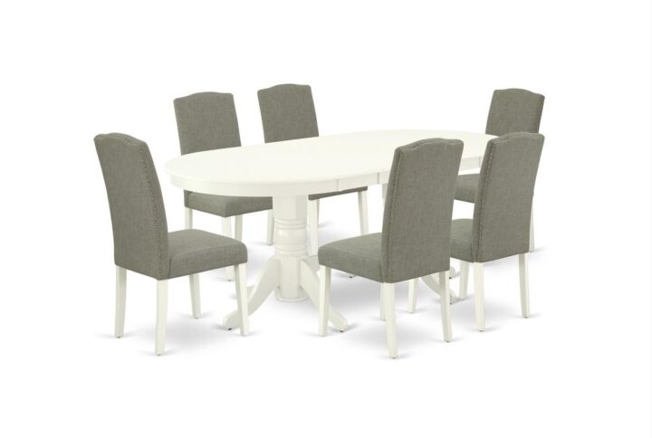 The VAEN7-LWH-06 dinette set is specifically created in a fashionable style with clean aspects which will direct and guide the room it occupies. Dazzling hardwood dinette table top with well-built carved pedestal support. Beveled oval shape to make welcoming kitchen space ambiance and finished in rich Linen White
