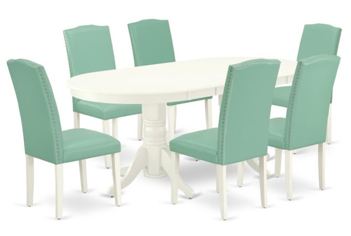 The VAEN7-LWH-57 dinette set is specifically created in a fashionable style with clean aspects which will direct and guide the room it occupies. Dazzling hardwood dinette table top with well-built carved pedestal support. Beveled oval shape to make welcoming kitchen space ambiance and finished in rich Linen White