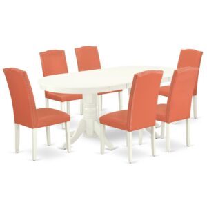 The VAEN7-LWH-78 dinette set is specifically created in a fashionable style with clean aspects which will direct and guide the room it occupies. Dazzling hardwood dinette table top with well-built carved pedestal support. Beveled oval shape to make welcoming kitchen space ambiance and finished in rich Linen White