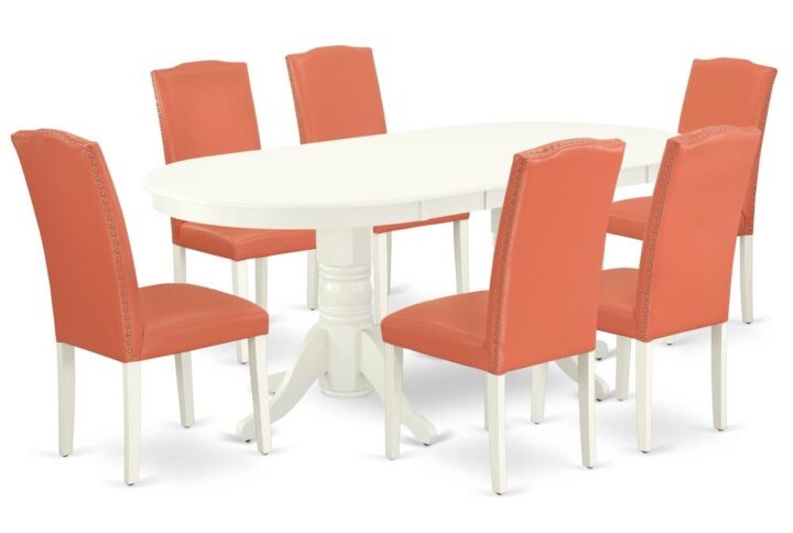 The VAEN7-LWH-78 dinette set is specifically created in a fashionable style with clean aspects which will direct and guide the room it occupies. Dazzling hardwood dinette table top with well-built carved pedestal support. Beveled oval shape to make welcoming kitchen space ambiance and finished in rich Linen White