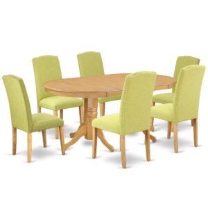 The VAEN7-OAK-07 dinette set is specifically created in a fashionable style with clean aspects which will direct and guide the room it occupies. Dazzling hardwood dinette table top with well-built carved pedestal support. Beveled oval shape to make welcoming kitchen space ambiance and finished in gorgeous Oak