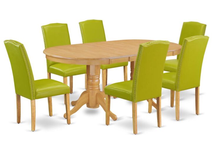The VAEN7-OAK-51 dinette set is specifically created in a fashionable style with clean aspects which will direct and guide the room it occupies. Dazzling hardwood dinette table top with well-built carved pedestal support. Beveled oval shape to make welcoming kitchen space ambiance and finished in gorgeous Oak