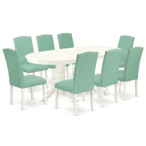 The VAEN9-LWH-57 dinette set is specifically created in a fashionable style with clean aspects which will direct and guide the room it occupies. Dazzling hardwood dinette table top with well-built carved pedestal support. Beveled oval shape to make welcoming kitchen space ambiance and finished in rich Linen White