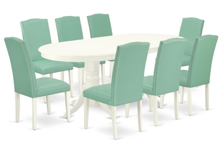 The VAEN9-LWH-57 dinette set is specifically created in a fashionable style with clean aspects which will direct and guide the room it occupies. Dazzling hardwood dinette table top with well-built carved pedestal support. Beveled oval shape to make welcoming kitchen space ambiance and finished in rich Linen White