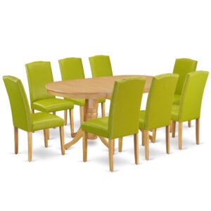 The VAEN9-OAK-51 dinette set is specifically created in a fashionable style with clean aspects which will direct and guide the room it occupies. Dazzling hardwood dinette table top with well-built carved pedestal support. Beveled oval shape to make welcoming kitchen space ambiance and finished in gorgeous Oak