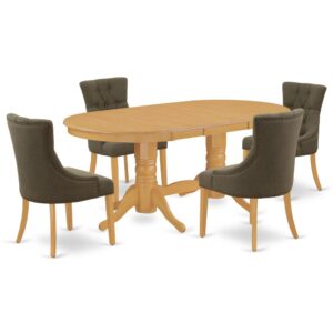 The elegant VAFR5-OAK-20 dinette set is specifically created in a fashionable style with clean aspects which will direct and guide the room it occupies. The oval-shaped dining tables demonstrates extraordinary design having its show-stopping double pedestals. The extendable leaf can be easily expanded making dining space for personal occasions or great parties. This rectangular sturdy wooden table based on 4 straight legs with carved design has plenty of space for 4-8 people to sit and enjoy their meal comfortably. The wooden table is created from Prime quality rubber wood known as Asian hardwood. No heat treated pressured wood like MDF