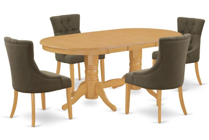 The elegant VAFR5-OAK-20 dinette set is specifically created in a fashionable style with clean aspects which will direct and guide the room it occupies. The oval-shaped dining tables demonstrates extraordinary design having its show-stopping double pedestals. The extendable leaf can be easily expanded making dining space for personal occasions or great parties. This rectangular sturdy wooden table based on 4 straight legs with carved design has plenty of space for 4-8 people to sit and enjoy their meal comfortably. The wooden table is created from Prime quality rubber wood known as Asian hardwood. No heat treated pressured wood like MDF