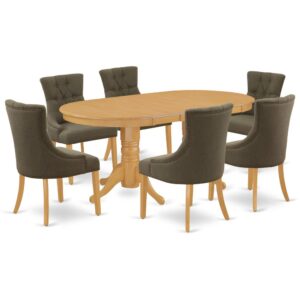 The elegant VAFR7-OAK-20 dinette set is specifically created in a fashionable style with clean aspects which will direct and guide the room it occupies. The oval-shaped dining tables demonstrates extraordinary design having its show-stopping double pedestals. The extendable leaf can be easily expanded making dining space for personal occasions or great parties. This rectangular sturdy wooden table based on 4 straight legs with carved design has plenty of space for 4-8 people to sit and enjoy their meal comfortably. The wooden table is created from Prime quality rubber wood known as Asian hardwood. No heat treated pressured wood like MDF
