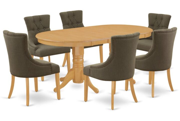 The elegant VAFR7-OAK-20 dinette set is specifically created in a fashionable style with clean aspects which will direct and guide the room it occupies. The oval-shaped dining tables demonstrates extraordinary design having its show-stopping double pedestals. The extendable leaf can be easily expanded making dining space for personal occasions or great parties. This rectangular sturdy wooden table based on 4 straight legs with carved design has plenty of space for 4-8 people to sit and enjoy their meal comfortably. The wooden table is created from Prime quality rubber wood known as Asian hardwood. No heat treated pressured wood like MDF