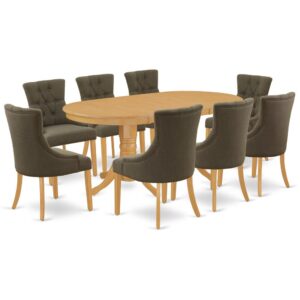 The elegant VAFR9-OAK-20 dinette set is specifically created in a fashionable style with clean aspects which will direct and guide the room it occupies. The oval-shaped dining tables demonstrates extraordinary design having its show-stopping double pedestals. The extendable leaf can be easily expanded making dining space for personal occasions or great parties. This rectangular sturdy wooden table based on 4 straight legs with carved design has plenty of space for 4-8 people to sit and enjoy their meal comfortably. The wooden table is created from Prime quality rubber wood known as Asian hardwood. No heat treated pressured wood like MDF