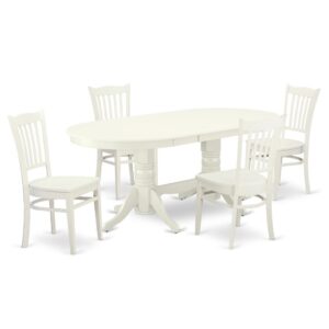 The VAGR5-LWH-W dinette set is specifically created in a fashionable style with clean aspects which will direct and guide the room it occupies. The dining table with built-in self-storage butterfly leaf which fits 4 to 8 persons. Dazzling hardwood dinette table top with well-built carved pedestal support. Beveled oval shape to make welcoming kitchen space ambiance and finished in rich Linen White