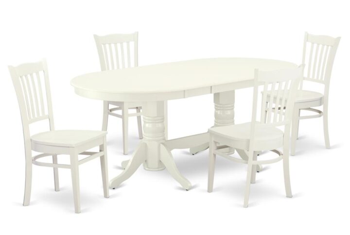The VAGR5-LWH-W dinette set is specifically created in a fashionable style with clean aspects which will direct and guide the room it occupies. The dining table with built-in self-storage butterfly leaf which fits 4 to 8 persons. Dazzling hardwood dinette table top with well-built carved pedestal support. Beveled oval shape to make welcoming kitchen space ambiance and finished in rich Linen White
