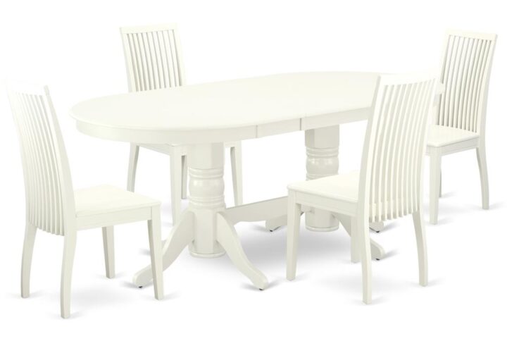 The VAIP5-LWH-W dinette set is specifically created in a fashionable style with clean aspects which will direct and guide the room it occupies. Dazzling hardwood dinette table top with well-built carved pedestal support. Beveled oval shape to make welcoming kitchen space ambiance and finished in rich Linen White