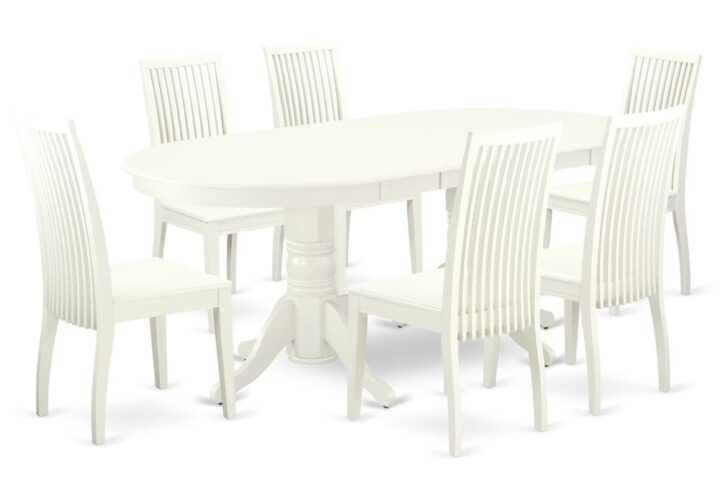 The VAIP7-LWH-W dinette set is specifically created in a fashionable style with clean aspects which will direct and guide the room it occupies. Dazzling hardwood dinette table top with well-built carved pedestal support. Beveled oval shape to make welcoming kitchen space ambiance and finished in rich Linen White