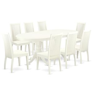 The VAIP9-LWH-W dinette set is specifically created in a fashionable style with clean aspects which will direct and guide the room it occupies. Dazzling hardwood dinette table top with well-built carved pedestal support. Beveled oval shape to make welcoming kitchen space ambiance and finished in rich Linen White