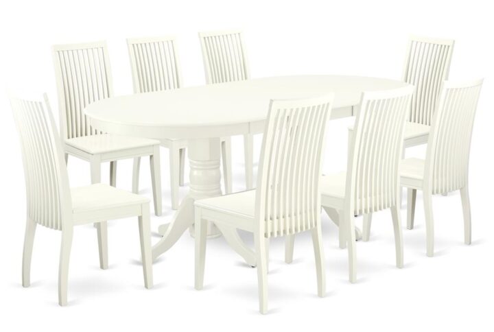 The VAIP9-LWH-W dinette set is specifically created in a fashionable style with clean aspects which will direct and guide the room it occupies. Dazzling hardwood dinette table top with well-built carved pedestal support. Beveled oval shape to make welcoming kitchen space ambiance and finished in rich Linen White