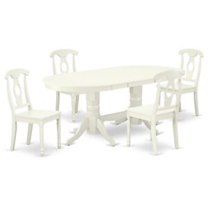 The gorgeous VAKE5-LWH-W dinette set is specifically crafted in a fashionable style with clean aspects which will direct and guide the room it occupies. The dining table with built-in self-storage butterfly leaf which fits 4 to 8 persons. Dazzling hardwood dinette table top with well-built carved pedestal support. Beveled oval shape to make welcoming kitchen space ambiance and finished in rich Linen White