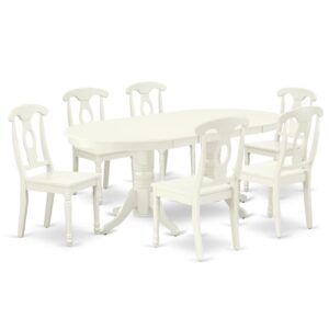 The gorgeous VAKE7-LWH-W dinette set is specifically crafted in a fashionable style with clean aspects which will direct and guide the room it occupies. The dining table with built-in self-storage butterfly leaf which fits 4 to 8 persons. Dazzling hardwood dinette table top with well-built carved pedestal support. Beveled oval shape to make welcoming kitchen space ambiance and finished in rich Linen White
