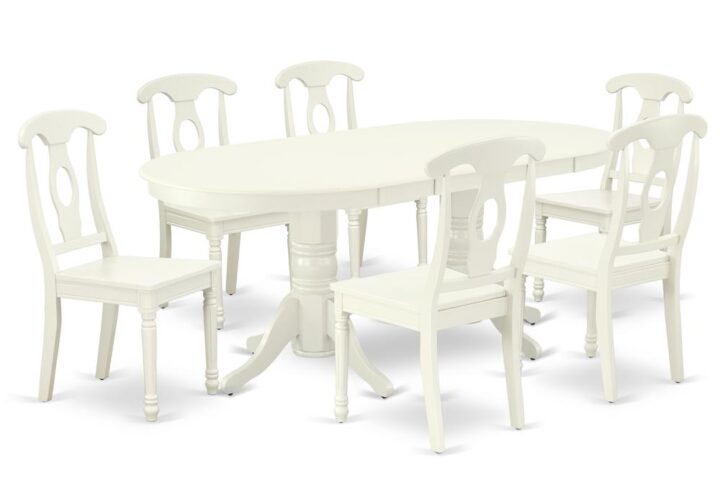 The gorgeous VAKE7-LWH-W dinette set is specifically crafted in a fashionable style with clean aspects which will direct and guide the room it occupies. The dining table with built-in self-storage butterfly leaf which fits 4 to 8 persons. Dazzling hardwood dinette table top with well-built carved pedestal support. Beveled oval shape to make welcoming kitchen space ambiance and finished in rich Linen White