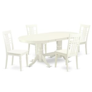 The VALG5-LWH-W dinette set is specifically created in a fashionable style with clean aspects which will direct and guide the room it occupies. The dining table with built-in self-storage butterfly leaf which fits 4 to 8 persons. Dazzling hardwood dinette table top with well-built carved pedestal support. Beveled oval shape to make welcoming kitchen space ambiance and finished in rich Linen White