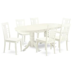 The VALG7-LWH-W dinette set is specifically created in a fashionable style with clean aspects which will direct and guide the room it occupies. The dining table with built-in self-storage butterfly leaf which fits 4 to 8 persons. Dazzling hardwood dinette table top with well-built carved pedestal support. Beveled oval shape to make welcoming kitchen space ambiance and finished in rich Linen White