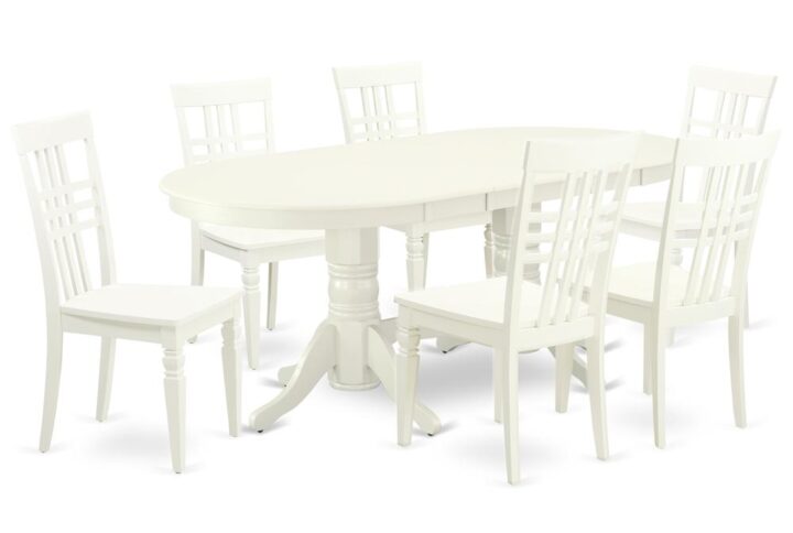 The VALG7-LWH-W dinette set is specifically created in a fashionable style with clean aspects which will direct and guide the room it occupies. The dining table with built-in self-storage butterfly leaf which fits 4 to 8 persons. Dazzling hardwood dinette table top with well-built carved pedestal support. Beveled oval shape to make welcoming kitchen space ambiance and finished in rich Linen White