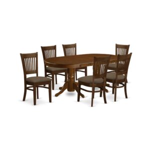 The Vancouver dining table set offers traditional styling with the attractiveness deserving of specialized dining and amusing those fantastic friends. The oval-shaped small table shows spectacular style featuring show-stopping double pedestals. Stunning in a beautiful Espresso finish
