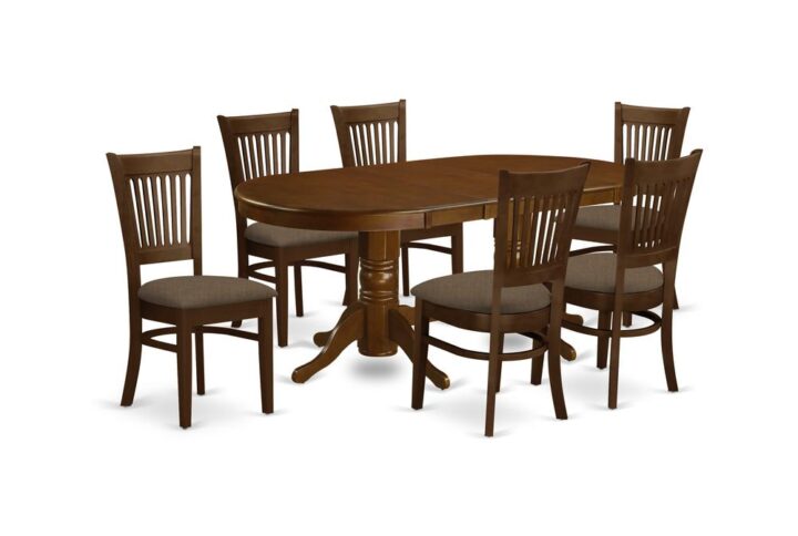 The Vancouver dining table set offers traditional styling with the attractiveness deserving of specialized dining and amusing those fantastic friends. The oval-shaped small table shows spectacular style featuring show-stopping double pedestals. Stunning in a beautiful Espresso finish