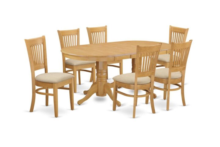 The Vancouver dining table set aspects typical fashion with the sophistication deserving of distinguished dining and hosting those special guest visitors. The oval-shaped small table demonstrates exceptional design featuring show-stopping double pedestals. Striking in a beautiful Oak finish