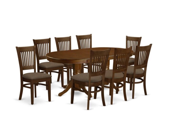 The Vancouver dining table set presents classic design with the elegance worthy of formal dining and amusing those fantastic friends. The oval-shaped small dining table shows spectacular design and style with its show-stopping double pedestals. Attractive in a lovely Espresso finish