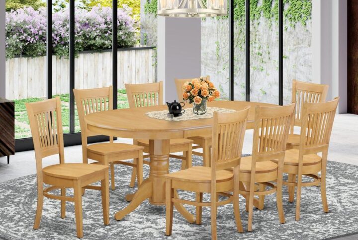 The Vancouver dining table set aspects traditional styling by way of an beauty worthy of formal dining and amusing those special visitors. The oval-shaped small kitchen table shows exceptional design featuring show-stopping double pedestals. Striking in a wonderful Oak color