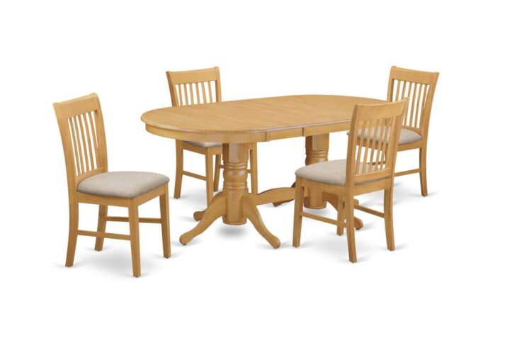 This valuable kitchen table set features a long oval shaped dinette table with 2 pedestals. This modern-day looking set has 4 seats and as such has an optimum seating capacity of 4 persons. This product has a superb