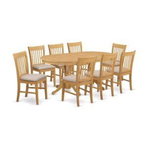 This particular kitchen table set includes a long oblong shaped kitchen table that has Two pedestals. This modern day looking set has 8 seats and therefore has an optimal seating capacity of eight individuals. This product has a pleasant