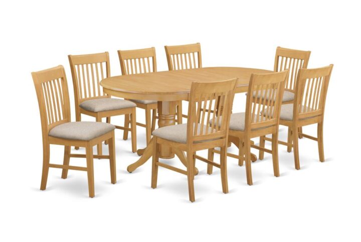 This particular kitchen table set includes a long oblong shaped kitchen table that has Two pedestals. This modern day looking set has 8 seats and therefore has an optimal seating capacity of eight individuals. This product has a pleasant