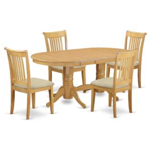 Treat your room's decor with a new and polished look with this modern 5 Piece Dining Set. Style meets practicality with this gorgeous solid wood dining set. Coming together with 1  double-pedestal dining table and 4 matching dining chairs