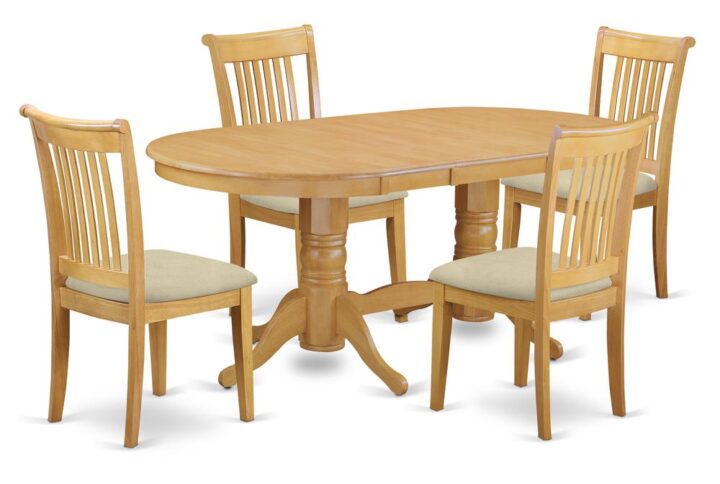 Treat your room's decor with a new and polished look with this modern 5 Piece Dining Set. Style meets practicality with this gorgeous solid wood dining set. Coming together with 1  double-pedestal dining table and 4 matching dining chairs