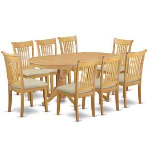 Treat your room's decor with a new and polished look with this modern 9 Piece Dining Set. Style meets practicality with this gorgeous solid wood dining set. Coming together with 1  double-pedestal dining table and 8 matching dining chairs