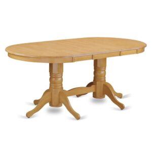 The small kitchen table with built-in self storage butterfly leaf which fits 4 to 8 persons.Dazzling solid wood table top with well-built carved pedestal support. Beveled oval shape to make welcoming kicthen space ambiance and finished in rich Oak