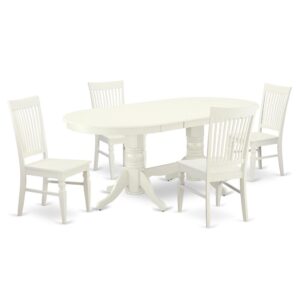 The VAWE5-LWH-W dinette set is specifically created in a fashionable style with clean aspects which will direct and guide the room it occupies. The dining table with built-in self-storage butterfly leaf which fits 4 to 8 persons. Dazzling hardwood dinette table top with well-built carved pedestal support. Beveled oval shape to make welcoming kitchen space ambiance and finished in rich Linen White