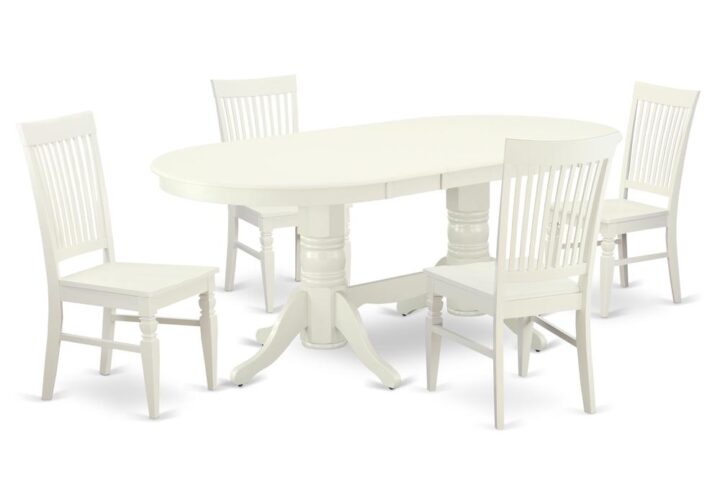 The VAWE5-LWH-W dinette set is specifically created in a fashionable style with clean aspects which will direct and guide the room it occupies. The dining table with built-in self-storage butterfly leaf which fits 4 to 8 persons. Dazzling hardwood dinette table top with well-built carved pedestal support. Beveled oval shape to make welcoming kitchen space ambiance and finished in rich Linen White