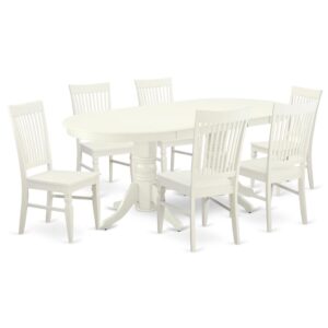 The VAWE7-LWH-W dinette set is specifically created in a fashionable style with clean aspects which will direct and guide the room it occupies. The dining table with built-in self-storage butterfly leaf which fits 4 to 8 persons. Dazzling hardwood dinette table top with well-built carved pedestal support. Beveled oval shape to make welcoming kitchen space ambiance and finished in rich Linen White