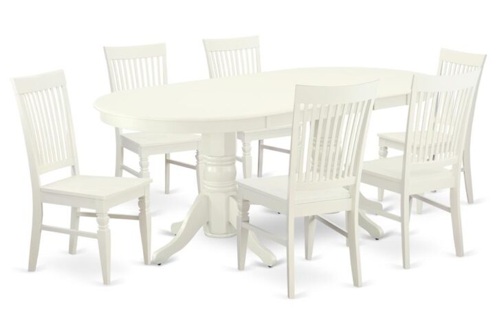 The VAWE7-LWH-W dinette set is specifically created in a fashionable style with clean aspects which will direct and guide the room it occupies. The dining table with built-in self-storage butterfly leaf which fits 4 to 8 persons. Dazzling hardwood dinette table top with well-built carved pedestal support. Beveled oval shape to make welcoming kitchen space ambiance and finished in rich Linen White