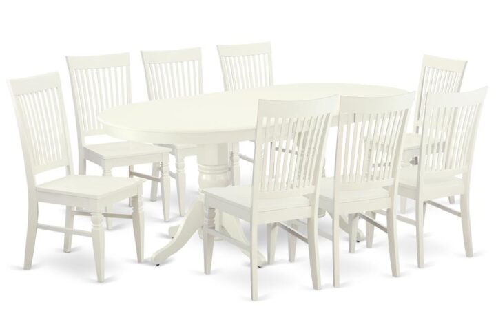 The VAWE9-LWH-W dinette set is specifically created in a fashionable style with clean aspects which will direct and guide the room it occupies. The dining table with built-in self-storage butterfly leaf which fits 4 to 8 persons. Dazzling hardwood dinette table top with well-built carved pedestal support. Beveled oval shape to make welcoming kitchen space ambiance and finished in rich Linen White
