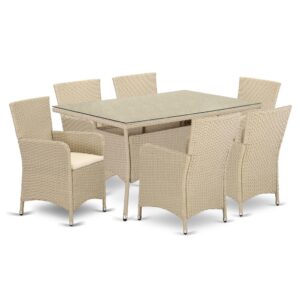 Décor your Outdoor-Furniture patio dining area with this budget-friendly wicker patio set with a cream finish. This 7 pc VLLU7-53V set includes a glass top Outdoor-Furniture table and 6 single armchairs. Crafted from a lightweight steel frame and wrapped with woven Wicker fiber