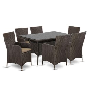 Bring a new style in your Outdoor-Furniture area with this relaxing and affordable wicker patio set with Dark Brown finish. The 7 pc VLLU7-63S set includes a transparent glass top Outdoor-Furniture table and 6 single armchairs. Constructed from a lightweight steel frame and wrapped with woven Wicker fiber