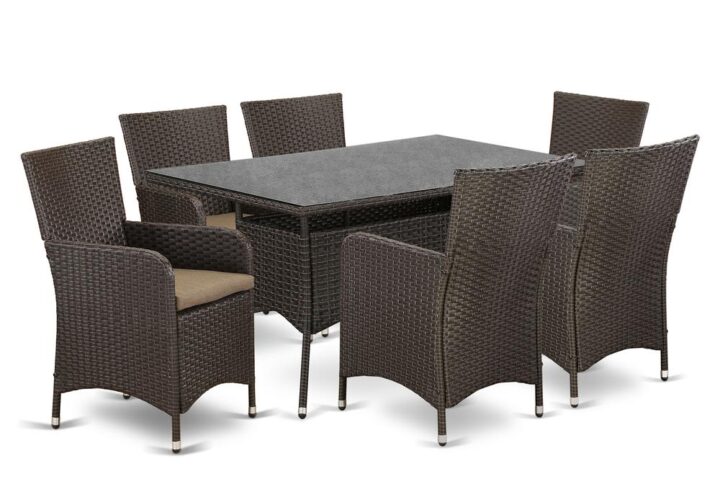 Bring a new style in your Outdoor-Furniture area with this relaxing and affordable wicker patio set with Dark Brown finish. The 7 pc VLLU7-63S set includes a transparent glass top Outdoor-Furniture table and 6 single armchairs. Constructed from a lightweight steel frame and wrapped with woven Wicker fiber